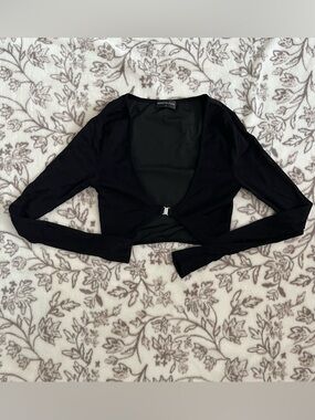 🤍🦊White Fox Black Mesh Crop Top Tie Front Long Sleeve Sheer Party Top S🖤